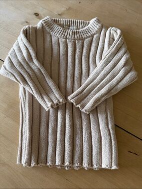 Kids Cream Ribbed Crewneck Sweater